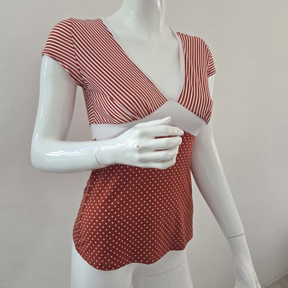 Red and White Striped and Polka Dot Womena Top Size Small - Picture 2 of 15